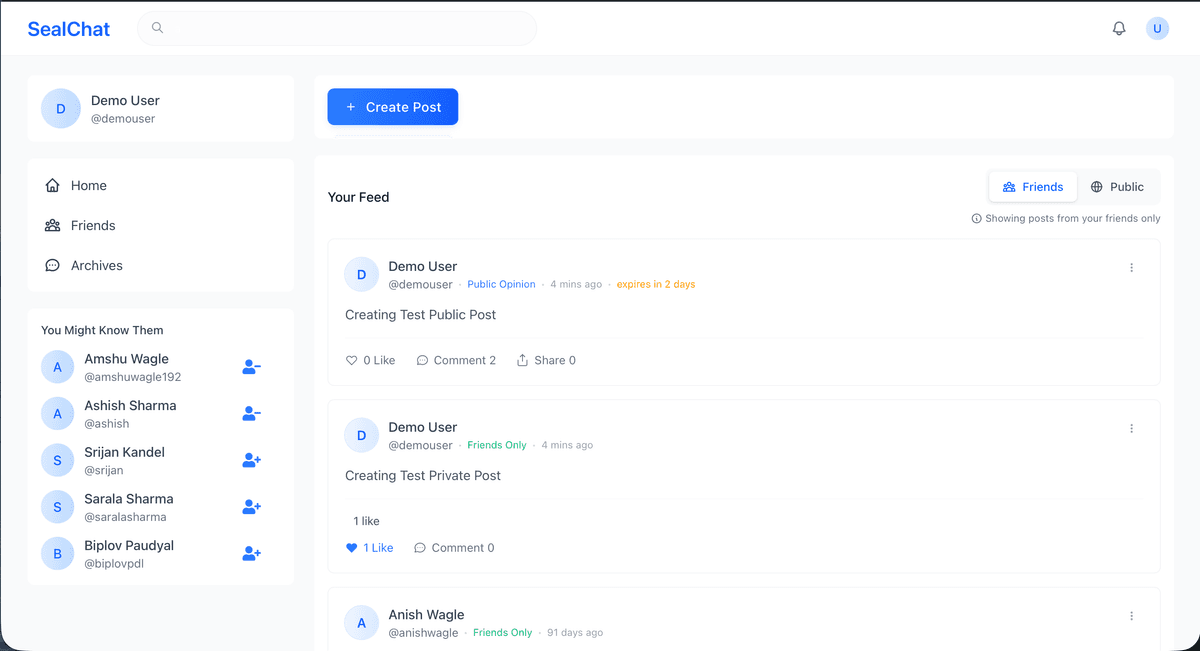 SealChat feed showing chronological posts from friends